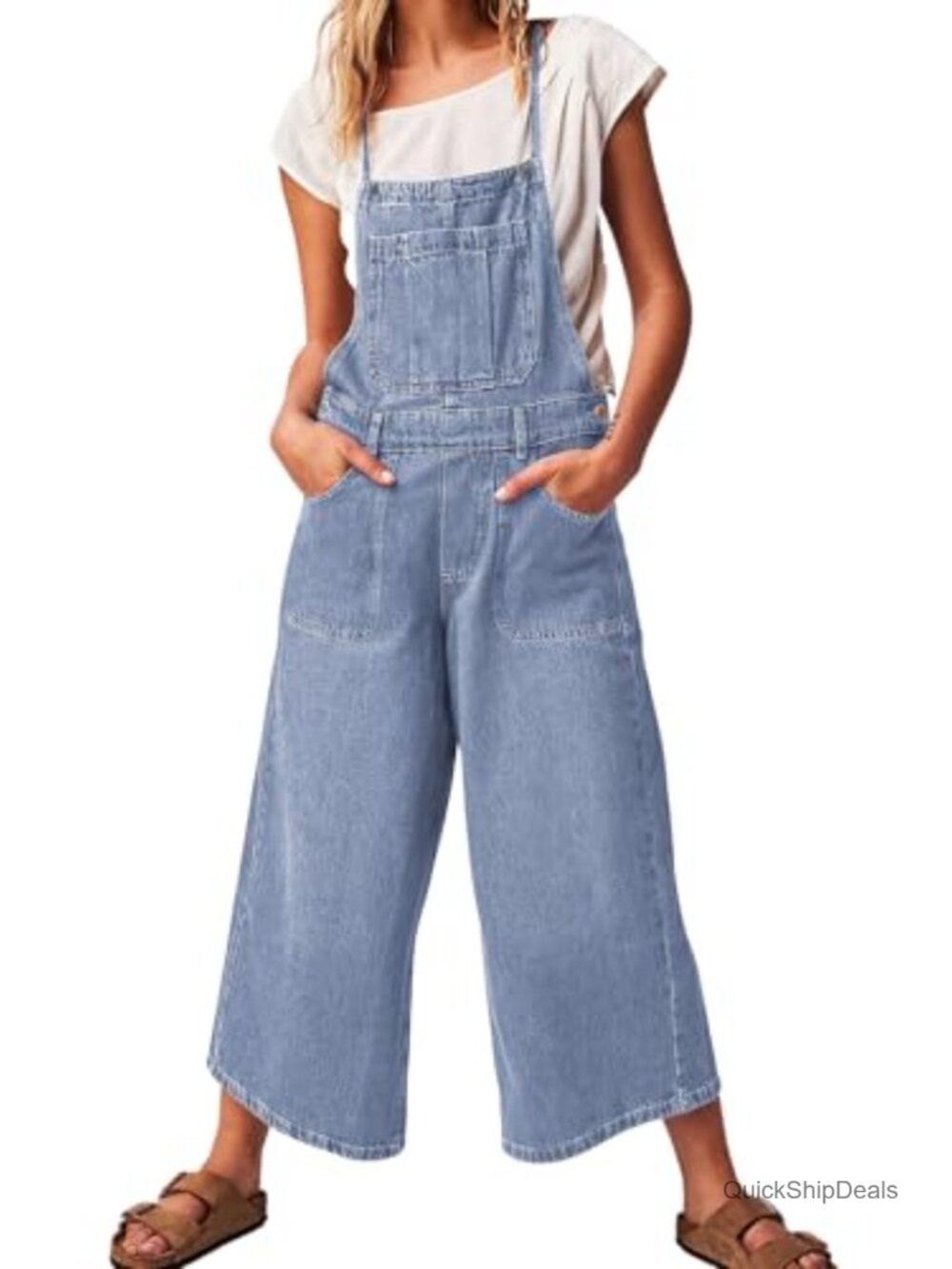 Women's Floral Denim Overalls Wide Leg Baggy Crop Jean Bib Overall